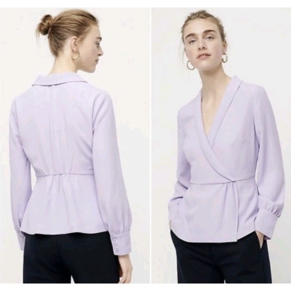 New J. Crew Sz 4 Lilac Drapey Faux-Wrap Top Crepe Long Sleeve Career Shirt Artsy